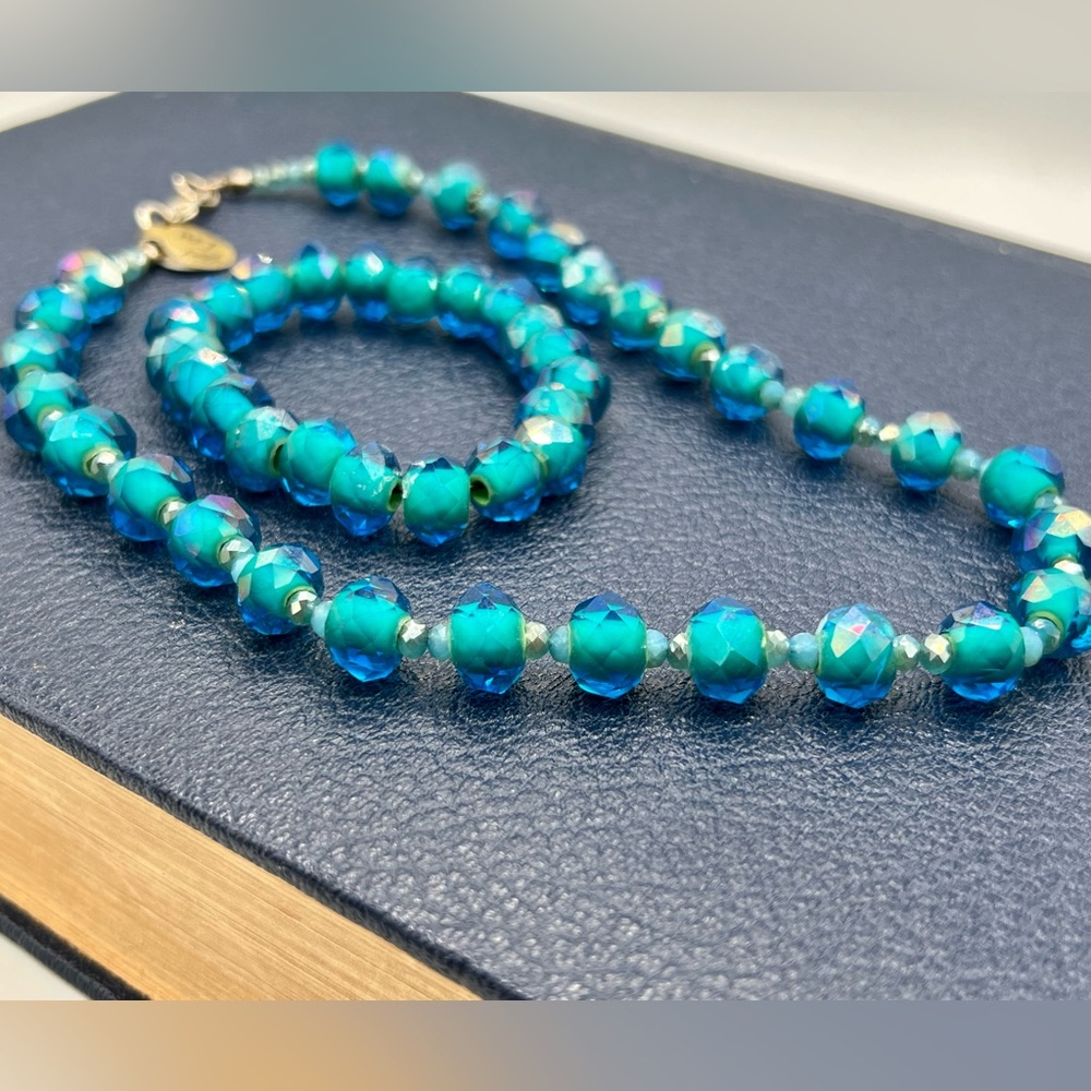 $150 Swarovski aqua blue crystal bead necklace & bracelet set artisan stunning - Picture 7 of 12